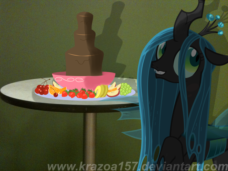 Size: 2048x1536 | Tagged: artist:baraniruchu, artist:chryssieta, artist:krazoa157, chocolate fountain, cute, cutealis, derpibooru import, fruit, photo, queen chrysalis, safe, shadow, smiling, solo, vector