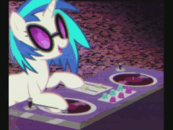 Size: 960x720 | Tagged: safe, derpibooru import, screencap, vinyl scratch, pony, unicorn, testing testing 1-2-3, 4:3, animated, dancing, female, gif, hip hop, hooves, horn, mare, mixing console, music video, noise, open mouth, pose, rap, solo, sunglasses, turntable
