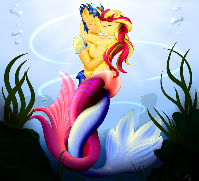 Size: 4000x3648 | Tagged: suggestive, artist:bludraconoid, derpibooru import, flash sentry, sunset shimmer, anthro, mermaid, merman, breasts, female, flashimmer, kissing, male, mermaid lovers, mermaidized, mermanized, shipping, sideboob, straight, underwater