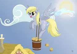 Size: 2339x1654 | Tagged: safe, artist:isegrim87, derpibooru import, derpy hooves, pegasus, pony, bucket, cloud, cute, derpabetes, female, flying, house, mare, muffin, open mouth, sky, solo, sun