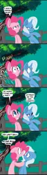 Size: 1928x7047 | Tagged: safe, artist:fauxsquared, derpibooru import, pinkie pie, trixie, earth pony, pony, unicorn, :o, bipedal, bloodshot eyes, blue background, comic, confetti, confused, dialogue, eye contact, fart, farting confetti, female, fence, floppy ears, frown, glare, grin, leaning, lidded eyes, looking at each other, looking at you, mare, open mouth, raised eyebrow, shocked, sideways glance, simple background, smiling, smirk, speech bubble, squee, surprised, sweat, sweatdrop, tree, wat, wide eyes, worried