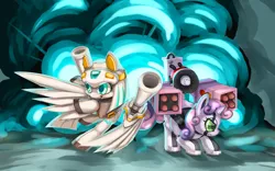 Size: 1280x801 | Tagged: safe, artist:yutoraru, derpibooru import, sweetie belle, oc, oc:machina, pony, robot, unicorn, crossover, explosion, female, filly, foal, hooves, horn, sorcerland, sweetie bot