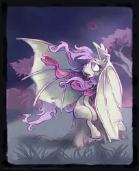 Size: 990x1222 | Tagged: safe, artist:holotuff, derpibooru import, fluttershy, pony, vampire, female, flutterbat, mare, night, sitting, solo, windswept mane, windy