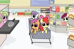 Size: 3750x2500 | Tagged: apple bloom, applejack, artist:app1ebloom, bon bon, cutie mark crusaders, daisy, derpibooru import, flower wishes, grocery store, roseluck, safe, scootaloo, shopping cart, supermarket, sweetie belle, sweetie drops, this will end in tears and/or death and/or covered in tree sap
