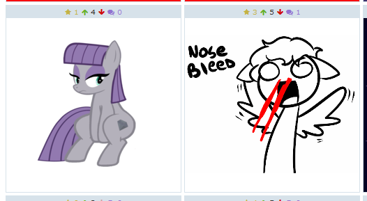 Size: 526x289 | Tagged: safe, derpibooru import, maud pie, oc, oc:winged-shine, earth pony, pegasus, pony, derpibooru, blank eyes, exploitable meme, explosive nosebleed, female, juxtaposition, juxtaposition win, male, mare, meme, meta, missing accessory, no pupils, nosebleed, stallion, surprised face, wingboner