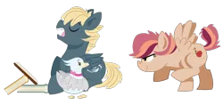 Size: 1380x653 | Tagged: artist:dbkit, colt, derpibooru import, filly, male, oc, oc:cherry bomber, oc:hightide, oc:triscuit, offspring, parent:dumbbell, parent:rainbow dash, parents:dumbdash, safe, seagull, simple background, transparent background, unofficial characters only