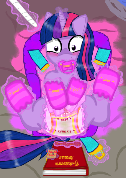 Size: 1024x1440 | Tagged: questionable, artist:cuddlelamb, derpibooru import, twilight sparkle, pony, unicorn, book, booties, car seat, caught, diaper, diaper fetish, female, implied princess celestia, male, pacifier, solo, solo female, trap, wet diaper