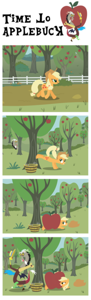 Size: 700x2300 | Tagged: apple, applebucking, applejack, artist:notlikelyanartist, comic, derpibooru import, discord, safe