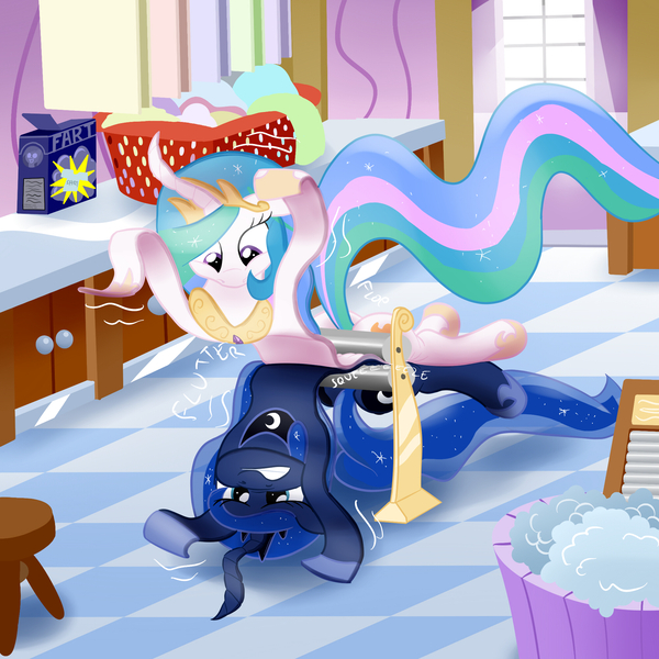 Size: 2000x2000 | Tagged: safe, artist:noctulov, derpibooru import, princess celestia, princess luna, alicorn, pony, flattened, laundry, wat, wringer