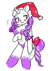 Size: 752x1070 | Tagged: anthro, artist:picorna, beautiful, bow, bra, bra on pony, breasts, clothes, derpibooru import, female, frilly underwear, hat, panties, pixiv, rarity, santa hat, solo, solo female, suggestive, tail bow, underwear