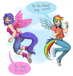 Size: 1050x1083 | Tagged: artist:zombiefruits, clothes, converse, derpibooru import, dialogue, firefly, flying, g1, human, humanized, jeans, rainbow dash, safe, tailed humanization, winged humanization, winged shoes