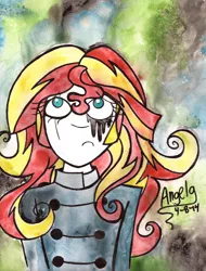 Size: 2294x3025 | Tagged: artist:grocerystorephobic, derpibooru import, human, humanized, sad, semi-grimdark, solo, sunset shimmer, traditional art, watercolor painting