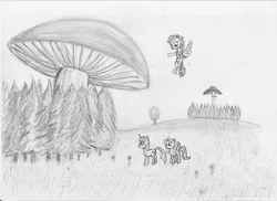 Size: 1316x957 | Tagged: safe, artist:paskanaakka, derpibooru import, fluttershy, rainbow dash, twilight sparkle, giant mushroom, grayscale, monochrome, mushroom, sketch, traditional art