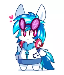 Size: 900x1050 | Tagged: safe, artist:lifeloser, derpibooru import, vinyl scratch, pony, semi-anthro, music to my ears, bipedal, chibi, clothes, cute, equestria girls outfit, headphones, heart, hoodie, hoof hold, impossibly large ears, jacket, pictogram, simple background, smiling, smirk, solo, white background