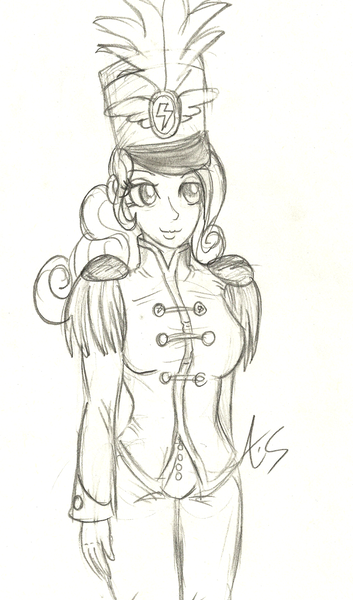 Size: 1945x3303 | Tagged: ancient wonderbolts uniform, artist:amaranthialunaris, clothes, derpibooru import, epaulettes, hat, human, humanized, monochrome, pencil drawing, rarity, safe, sgt. rarity, shako, solo, testing testing 1-2-3, traditional art, uniform, wonderbolts uniform