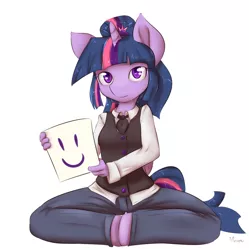 Size: 844x846 | Tagged: anthro, artist:alasou, clothes, derpibooru import, jeans, looking at you, safe, sitting, smiley face, solo, twilight sparkle