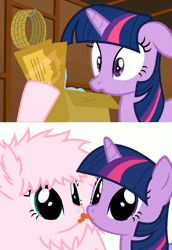 Size: 550x800 | Tagged: safe, derpibooru import, twilight sparkle, oc, oc:fluffle puff, animated, exploitable meme, fistful of tickets, fistful of yen, fluffle puffing, licking, meme, tongue out