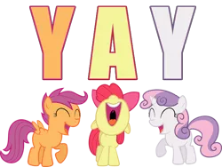 Size: 640x480 | Tagged: apple bloom, artist:sulyo, caption, cutie mark crusaders, derpibooru import, edit, safe, scootaloo, stare master, sweetie belle, yay