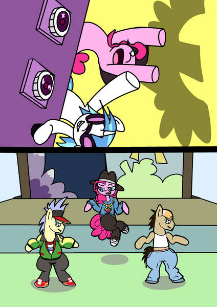 Size: 2480x3507 | Tagged: apple family member, artist:goneking, breakdancing, clothes, dancing, derpibooru import, doctor whooves, goldengrape, hip hop, love rap, pinkie pie, pose, rap, rapper, rapper pie, red delicious, rhythm heaven, rhythm heaven fever, rhythm is magic, safe, sir colton vines iii, sweatpants, time turner, vinyl scratch