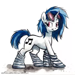 Size: 600x601 | Tagged: safe, artist:kenket, artist:spainfischer, derpibooru import, vinyl scratch, clothes, socks, solo, striped socks, traditional art