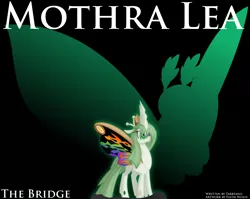 Size: 1570x1251 | Tagged: artist:faith-wolff, black background, changeling, changelingified, changeling queen, colored sclera, colored wings, cover, derpibooru import, fanfic art, fanfic:the bridge, female, godzilla (series), green sclera, kaiju, kaiju changeling, mothra, mothra lea, multicolored wings, ponified, rainbow mothra, rainbow wings, safe, simple background, solo