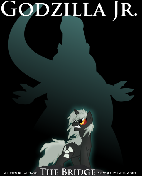 Size: 965x1196 | Tagged: safe, artist:faith-wolff, derpibooru import, ponified, kaiju, kaiju pony, pony, unicorn, fanfic:the bridge, black background, colored sclera, cover, fanfic art, godzilla, godzilla (series), godzilla junior, male, red sclera, simple background, solo, stallion