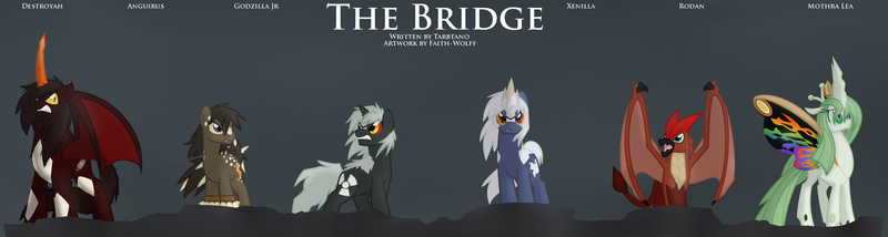 Size: 3190x854 | Tagged: safe, artist:faith-wolff, derpibooru import, ponified, bat pony, changeling, earth pony, gryphon, kaiju, kaiju pony, mothpony, original species, pony, unicorn, fanfic:the bridge, anguirus, changelingified, colored horn, colored sclera, colored wings, crooked horn, destoroyah, destoroyah (female), fanfic art, female, godzilla, godzilla (series), godzilla junior, griffonized, kaiju changeling, kaiju griffon, male, mare, mothra, mothra lea, multicolored wings, rainbow wings, red sclera, rodan, slit eyes, spacegodzilla, species swap, spikes, stallion, xenilla, yellow eyes