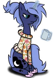 Size: 691x967 | Tagged: alternate hairstyle, artist:sofilut, bed mane, bunny slippers, clothes, coffee, derpibooru import, magic, morning ponies, mug, ponytail, princess luna, s1 luna, safe, solo, sweater