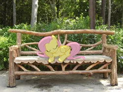 Size: 971x728 | Tagged: artist:digitalpheonix, artist:xcookie-doughandlily, bench, derpibooru import, fluttershy, irl, photo, ponies in real life, safe, shadow, sleeping, solo