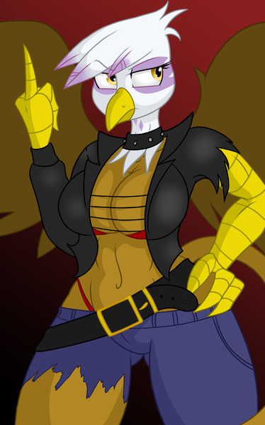 Size: 958x1536 | Tagged: suggestive, artist:lil miss jay, derpibooru import, gilda, anthro, gryphon, full service playing cards, belly button, big breasts, breasts, busty gilda, cleavage, clothes, collar, female, image, jpeg, middle finger, midriff, solo, solo female, stupid sexy gilda, torn clothes, underass, vulgar