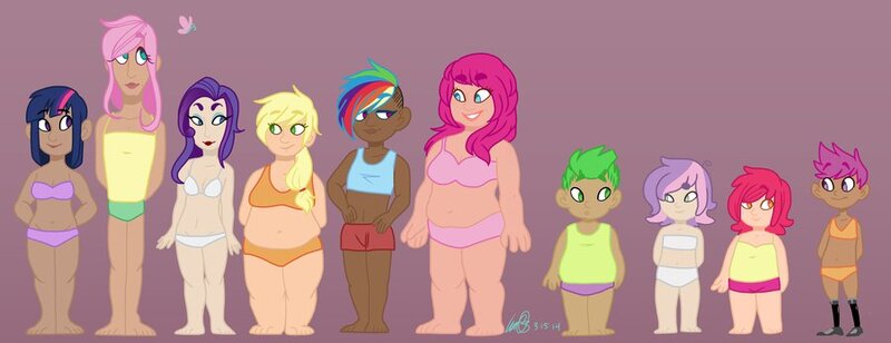 Size: 900x346 | Tagged: safe, artist:macaroni-and-moths, derpibooru import, apple bloom, applejack, fluttershy, pinkie pie, rainbow dash, rarity, scootaloo, sweetie belle, twilight sparkle, human, amputee, belly button, cutie mark crusaders, dark skin, diversity, fat, humanized, mane six, transgender, undercut