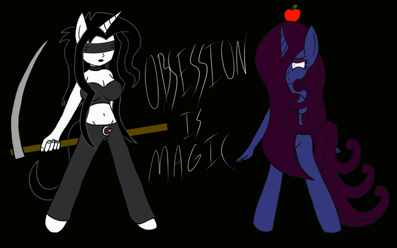 Size: 1024x640 | Tagged: anthro, apple, artist:thelordofdust, derpibooru import, fanfic, fanfic art, fanfic cover, megalomaneia, obsession is magic, oc, oc:maneia, oc:nocturna, safe, scythe, unofficial characters only