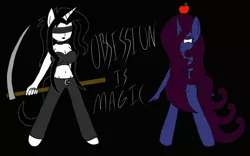 Size: 1024x640 | Tagged: anthro, apple, artist:thelordofdust, derpibooru import, fanfic, fanfic art, fanfic cover, megalomaneia, obsession is magic, oc, oc:maneia, oc:nocturna, safe, scythe, unofficial characters only