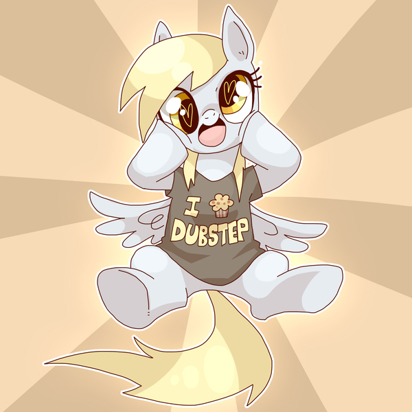 Size: 1477x1477 | Tagged: safe, artist:igriega13, derpibooru import, derpy hooves, pegasus, pony, clothes, cute, derpabetes, dubstep, female, food, heart eyes, looking at you, mare, muffin, open mouth, shirt, sitting, smiling, solo, spread wings, t-shirt, underhoof, wingding eyes