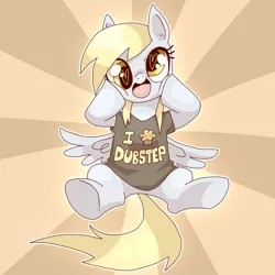 Size: 1477x1477 | Tagged: safe, artist:igriega13, derpibooru import, derpy hooves, pegasus, pony, clothes, cute, derpabetes, dubstep, female, food, heart eyes, looking at you, mare, muffin, open mouth, shirt, sitting, smiling, solo, spread wings, t-shirt, underhoof, wingding eyes