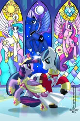 Size: 600x910 | Tagged: safe, artist:amy mebberson, derpibooru import, idw, princess cadance, princess celestia, princess luna, shining armor, twilight sparkle, twilight sparkle (alicorn), alicorn, pony, unicorn, friends forever, spoiler:comic, clothes, comic, comic cover, coronation dress, cover, crown, dress, female, horns are touching, jewelry, male, mare, regalia, stained glass, stallion