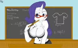 Size: 1250x774 | Tagged: anthro, artist:d3rped, big breasts, bra, breasts, busty rarity, chalkboard, cleavage, clothes, derpibooru import, female, frilly underwear, glasses, open clothes, rarity, ruler, solo, solo female, striped underwear, suggestive, teacher, underwear
