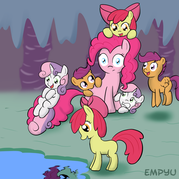 Size: 1000x1000 | Tagged: 30 minute art challenge, apple bloom, artist:empyu, cave, cave pool, clone, cutie mark crusaders, derpibooru import, duality, mirror pool, pinkie pie, safe, scootaloo, sweetie belle, this will end in tears, this will end in tears and/or death and/or covered in tree sap, tree sap and pine needles, xk-class end-of-the-world scenario