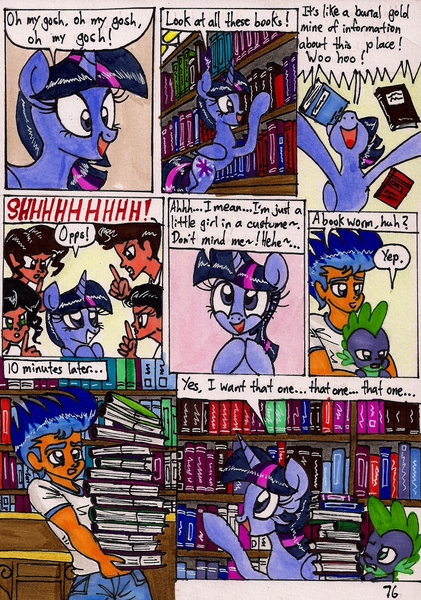 Size: 1359x1937 | Tagged: safe, artist:newyorkx3, derpibooru import, flash sentry, spike, twilight sparkle, twilight sparkle (alicorn), alicorn, dragon, pony, comic:twilight and the big city, book, comic, female, library, male, mare, nerdgasm, ohmygosh, that pony sure does love books, traditional art