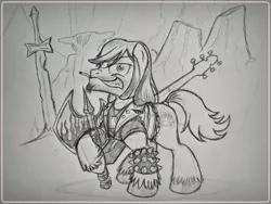 Size: 2048x1536 | Tagged: safe, artist:ruhisu, derpibooru import, ponified, earth pony, pony, axe, brutal legend, chains, cigarette, eddie riggs, electric guitar, epic, guitar, heavy metal, jack black, male, monochrome, monuments, sketch, solo, stallion, sword