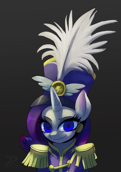 Size: 1000x1414 | Tagged: safe, artist:raikoh, derpibooru import, rarity, pony, unicorn, testing testing 1-2-3, ancient wonderbolts uniform, clothes, epaulettes, female, gray background, hat, mare, sgt. rarity, shako, simple background, solo, uniform