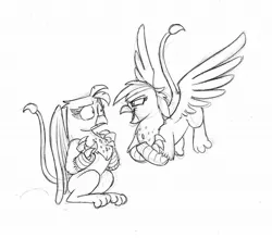 Size: 1200x1050 | Tagged: safe, artist:mickeymonster, derpibooru import, gilda, rainbow dash, gryphon, beak, confused, crossed arms, duo, female, flying, grayscale, griffonized, image, jpeg, monochrome, open beak, open mouth, shrunken pupils, simple background, smug, species swap, traditional art, white background