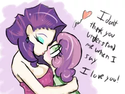 Size: 640x480 | Tagged: artist:acharmingpony, blushing, dialogue, earring, eyes closed, female, heart, hug, human, humanized, incest, kissing, lesbian, older, raribelle, rarity, safe, shipping, strapless, surprised, surprise kiss, sweetie belle, wide eyes