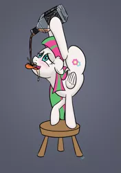 Size: 1017x1441 | Tagged: safe, artist:rainbow-dosh, derpibooru import, blossomforth, backbend, balancing, blushing, contortionist, drinking, drunk, flexible, floppy ears, hoof hold, jack daniels, open mouth, smiling, solo, that pony sure is flexible, tongue out
