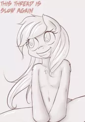 Size: 971x1400 | Tagged: artist:randy, belly button, black and white, blonde, chest fluff, cute, dat face, derpibooru import, eyeroll, female, grayscale, happy, hips, hollywood smile, monochrome, oc, oc:aryanne, reaction image, riding, safe, sitting, smiling, solo, teeth, this thread is slow again, unofficial characters only