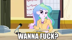 Size: 960x540 | Tagged: suggestive, derpibooru import, edit, edited screencap, screencap, princess celestia, equestria girls, caption, image macro, implied sex, meme, principal celestia, solo, vulgar