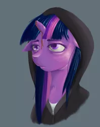 Size: 555x700 | Tagged: artist:potheadsam, blood, broken horn, clothes, depressed, derpibooru import, hoodie, semi-grimdark, solo, twilight sparkle