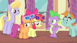 Size: 500x281 | Tagged: safe, derpibooru import, screencap, apple bloom, cloud kicker, scootaloo, snips, spike, dragon, earth pony, pegasus, pony, unicorn, for whom the sweetie belle toils, animated, bow, bucktooth, colt, comforting, female, foal, hair bow, heart of gold, kind, lifting chin, male, mare, raised eyebrow, reassurance, smiling, sunglasses, talking, text, upset