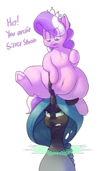 Size: 579x899 | Tagged: annoyed, artist:secretgoombaman12345, ask chubby diamond, asshat, belly, belly button, blushing, chubby, derpibooru import, dialogue, diamond tiara, fat, pony hat, queen chrysalis, safe, silver spoon, underhoof