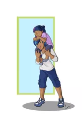 Size: 600x900 | Tagged: safe, artist:z4pineapple, derpibooru import, shining armor, twilight sparkle, human, abstract background, blackwashing, brother and sister, female, humanized, image, jpeg, male, piggyback ride, younger